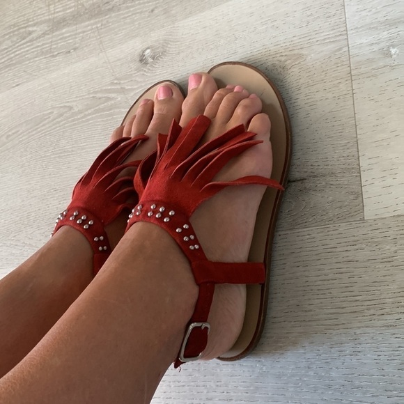 Furla red Fringed studded bohemian festive summer vacation travel Sandal - Picture 3 of 9